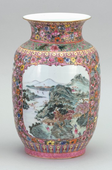 CHINESE FAMILLE ROSE EGGSHELL PORCELAIN VASE In baluster form, with famille verte figural landscape cartouches on a thousand flower...