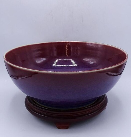 CHINESE OXBLOOD FLAMBE BOWL WITH TEAK STAND