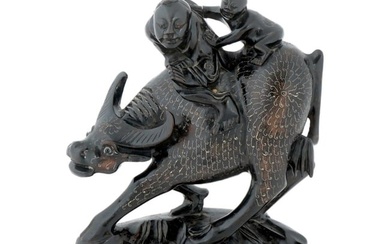 CHINESE WOOD CARVED FIGURINE OF BUFFALO AND RIDERS