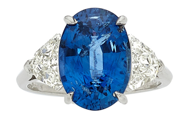 Ceylon Sapphire, Diamond, Platinum Ring Stones: Oval-shaped Ceylon sapphire...