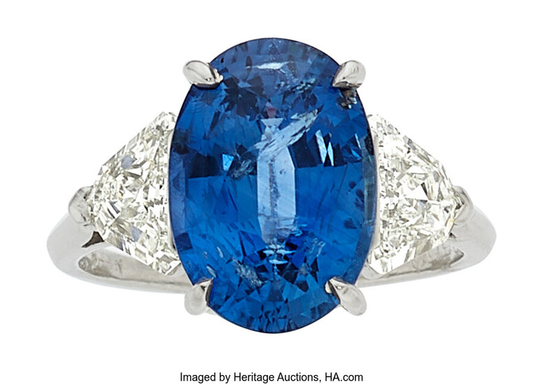 Ceylon Sapphire, Diamond, Platinum Ring Stones: Oval-shaped Ceylon sapphire...