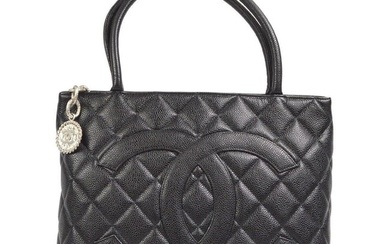 Chanel Medallion Quilted Hand Tote Bag Purse Black Caviar Skin