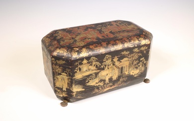 China, an export lacquer teabox lined with pewter caddies, 19th century