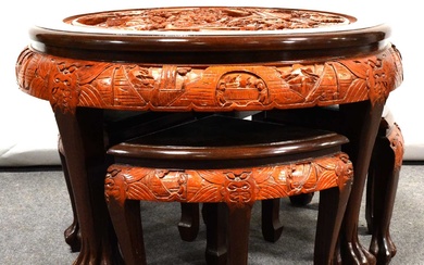 Chinese carved wood table and four nesting stools.