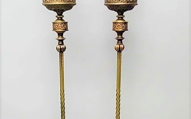 Circa 1920 Pair of Brass & Onyx Torchere Floor Lamps each with 5 candle lights. Has good cast