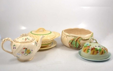 Clarice Cliff Autumn Leaf bowl, lidded tureen, cheese dish, floral plate and teapot.