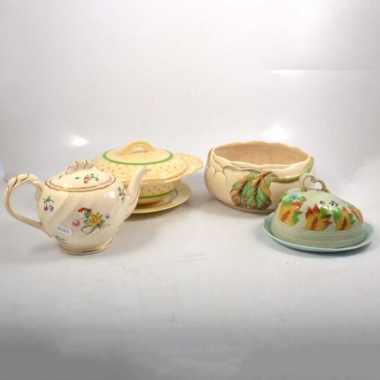 Clarice Cliff Autumn Leaf bowl, lidded tureen, cheese dish, floral plate and teapot.