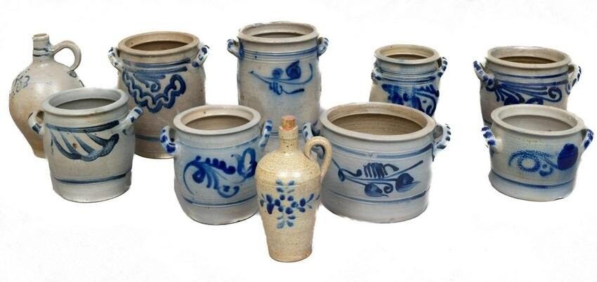 Collection of 10 Salt Glazed Pottery Crocks