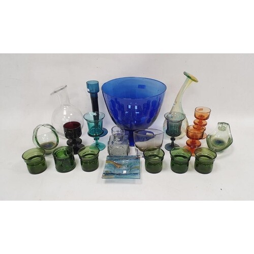 Collection of coloured glassware including three Wedgwood Sh...
