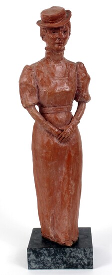 Dama con cappellino, scultura in terracotta, altezza cm.33,5, siglata e datata 1974, su base in marmo., Vincenzo Galluccio