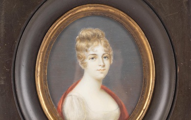 Daniel SAINT (1778-1847), "Portrait de femme", miniature signée, H : 9 cm, L : 7,5...