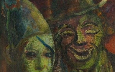 Danish School, early-mid-20th century- Portrait of clown and a man; oil on canvas, signed with monogram and dated '49' lower right, bears inscription on the reverse of canvas, 60 x 48.5 cm