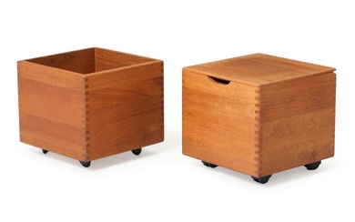Danish furniture design A solid teak chest and magazine holder on castors....