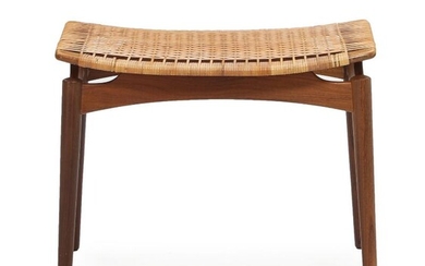 SOLD. Danish furniture design: A teak and stool. "Floating" seat with woven cane. Manufactured by Ølholm Møbelfabrik. – Bruun Rasmussen Auctioneers of Fine Art