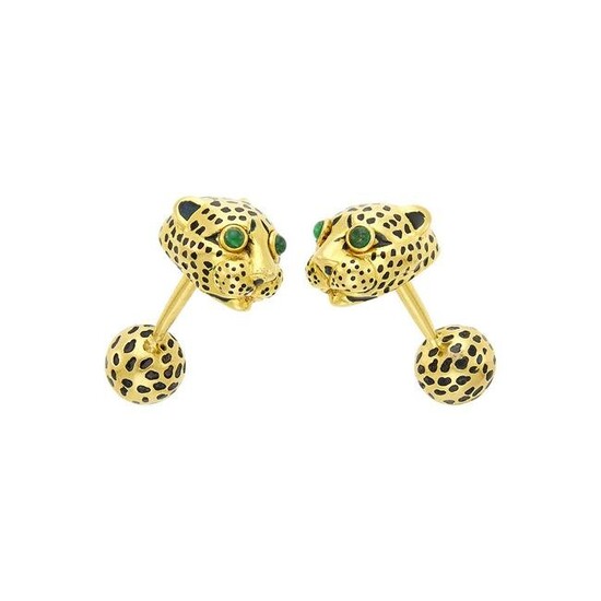 David Webb Pair of Gold, Black Enamel and Cabochon Emerald Leopard Cufflinks