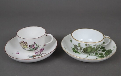 Deux tasses et soucoupes - 19e siècle, porcelaine, 1x tasse et soucoupe assortie, Meissen, peinture...