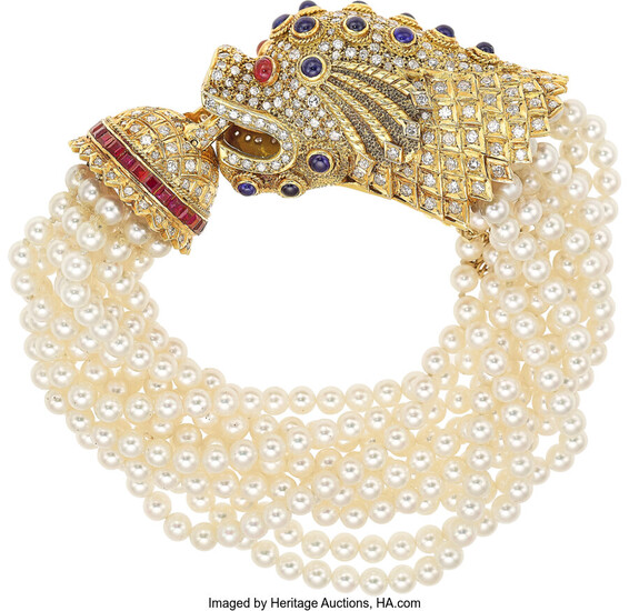 Diamond, Ruby, Sapphire, Cultured Pearl, Gold Bracelet Stones: Single-cut...