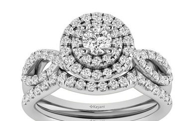 Diamond Twist Shank Double Halo Bridal Ring 3/4 ct tw Round Cut in 14K White Gold