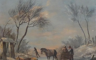 (-), Dutch school (19th century), Icescape with horsecart,...