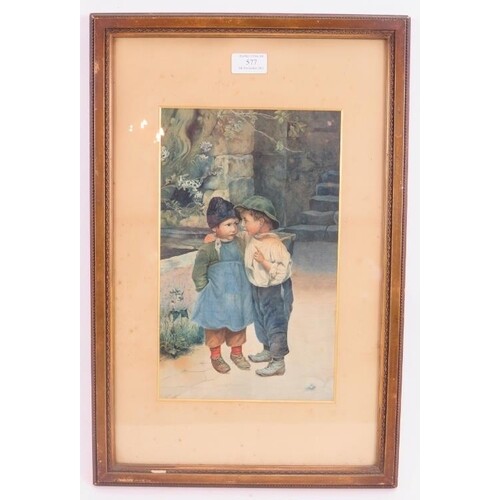 E.A.E. (18)98 - 'Two boys in a garden setting', watercolour,...