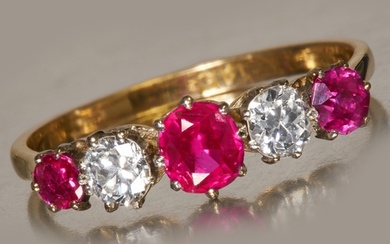 EDWARDIAN RUBY AND DIAMOND 5-STONE RING, High carat gold. Ge...