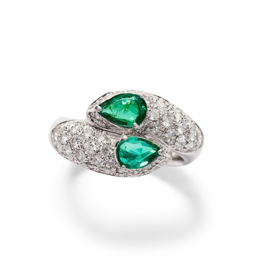 EMERALD AND DIAMOND TWO STONE RING