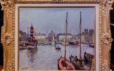 Early 20th c. Gustave Madelain O/C Le Havre Harbor France