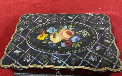 Early Traveling Victorian Hand Painted Lap Desk - Mother & Pearl