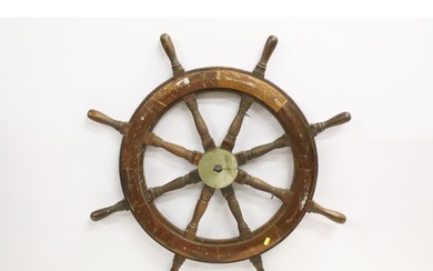 Early-to-mid 20th century mahogany & brass ships wheel with ...