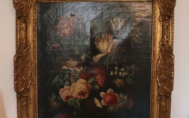 École Hollandaise du XIXe siècle. Bouquet de fleurs sur entablement. Huile sur toile. Dimensions :...