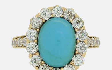 Edwardian Turquoise and Old Cut Diamond Cluster Ring