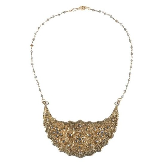 Edwardian gold washed filigree bib pendant necklace