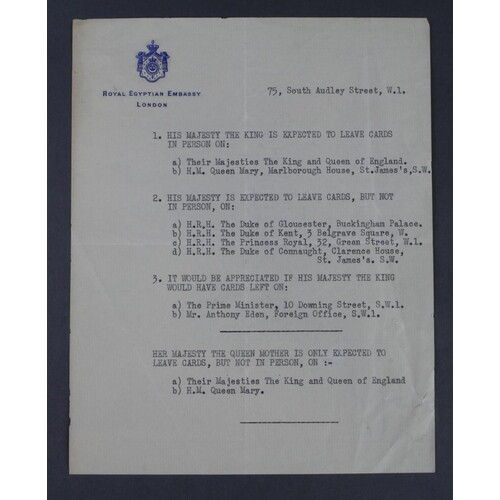 Egyptian Royal Interest: Original type-written document on R...