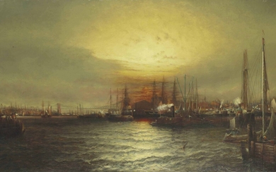 Elisha J. Taylor Baker (1827-1890), Sunrise from Chapman Dock and Old Brooklyn Navy Yard, East River, New York