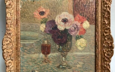 Emile MESNAGER (XIX-XXème) Bouquet de fleurs dans un vase à piédouche sur une table Huile...