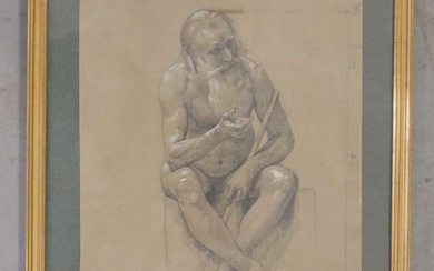 Etude d'homme âgé assis dessin au crayon sur papier (usures)
