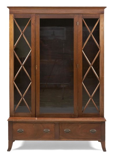 FEDERAL-STYLE CHINA CABINET After a Colonial Williamsburg example. In mahogany and mahogany veneer with fruitwood string and bellflo...