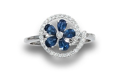 FLOWER RING OF SAPPHIRES AND DIAMONDS, IN WHITE GOLD