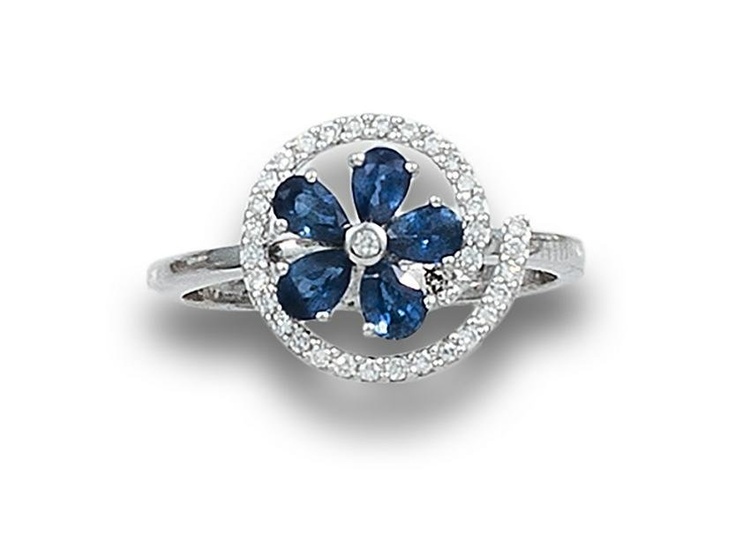 FLOWER RING OF SAPPHIRES AND DIAMONDS, IN WHITE GOLD