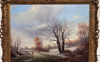 Figures on the Frozen Lake Traditional Dutch Winter Scene Oil Painting