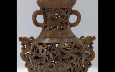 Finely Carved Reticulated Chinese Soapstone Vase With Lid