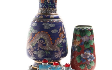 Floral and Mythical Cloisonné Brass Vases and Reverse-Painted Snuff Bottles