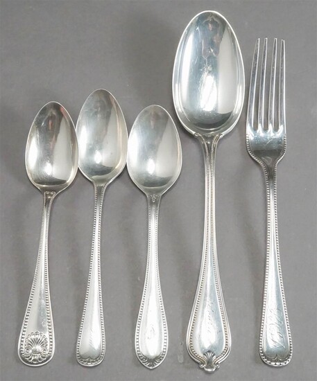 Four American Sterling Silver Beaded Pattern Flat Table Spoons with a Probably Unmarked Coin Silver Luncheon Fork, Combined: 5.6 oz