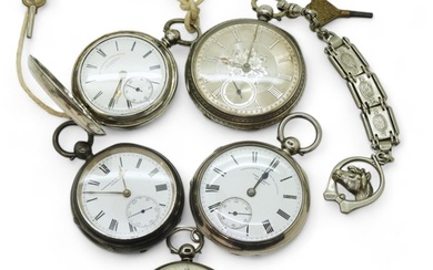 Four silver open face pocket watches and a full hunter, the ...