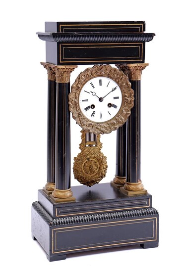 (-), French column mantel clock with inlaid brass...