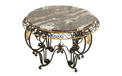 French Art Deco Style Iron and Marble Top Table