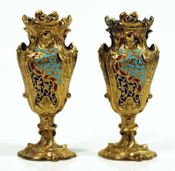 French Champleve Miniature Bud Vases Late 19Th Century