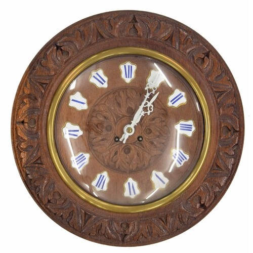 French oak and pine cased two train wall clock striking on a...