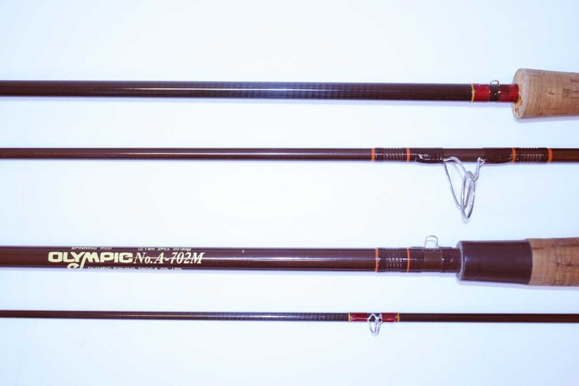 Fuji rod; an Olympic rod, both in slips. / Assorted fishing equipment. /