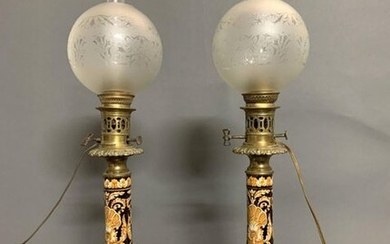 GIEN. Pair of ceramic PETROL LAMPS with polychrome decoration full...